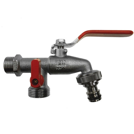 Premium 1/2" BSP Dual Outlet Garden Tap Brass Nickel Plated Auto