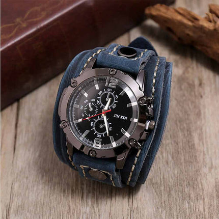 Military Retro PU Leather Strap Watch Men's Punk Quartz Cuff Wristwatch