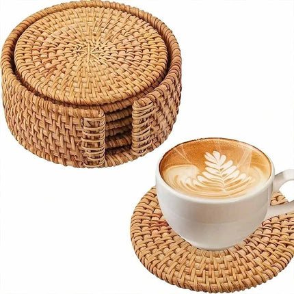 6Pcs Rattan Coaster Set with Base Heat Resistant Cup Mats Autumn Design