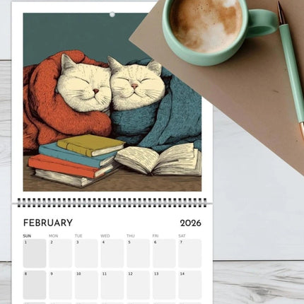 Cats Chillin' with Books 2026 Wall Calendar – Cat-Themed Illustrated Planner