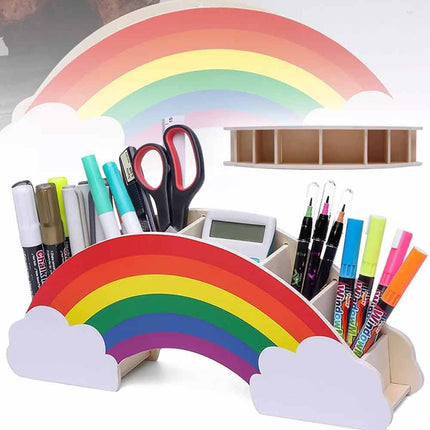 Rainbow Wooden Pen Holder DIY Pencil Case Desk Organizer for Phone Storage