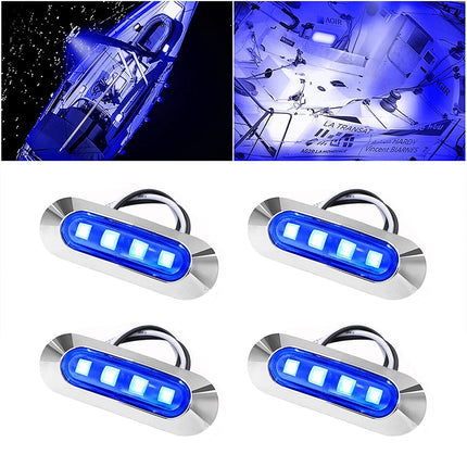 4x Blue LED Courtesy Lights for Marine Boat Cabin, Deck, and Walkway, 12V-24V Compatible