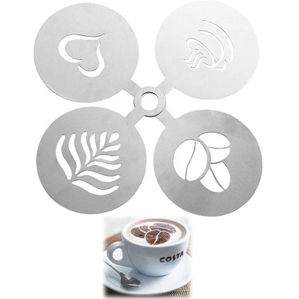 Cappuccino Stencil Set - 4 Stainless Steel Templates for Latte Art & Cocoa Duster