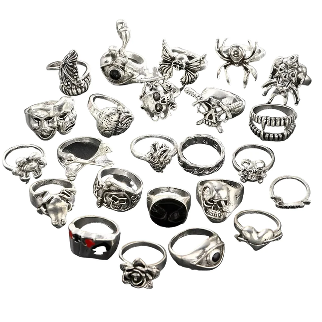 24Pcs Gothic Skeleton Ring Set Punk Grunge Unisex Street Jewelry Gift