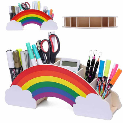 Rainbow Wooden Pen Holder DIY Pencil Case Desk Organizer for Phone Storage