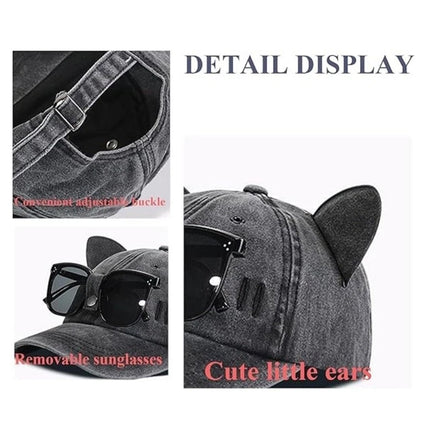 Vintage Washed Cat Ears Baseball Cap with Sunglasses, Funny Dad Hat for Men Women