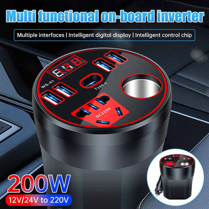 200W Car Power Inverter DC 12V/24V to 220V AC with Dual Sockets & 2 USB Ports