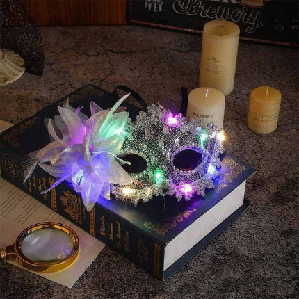 2X Random Lace Venetian Light Up Mask with Side Flower for Mardi Gras