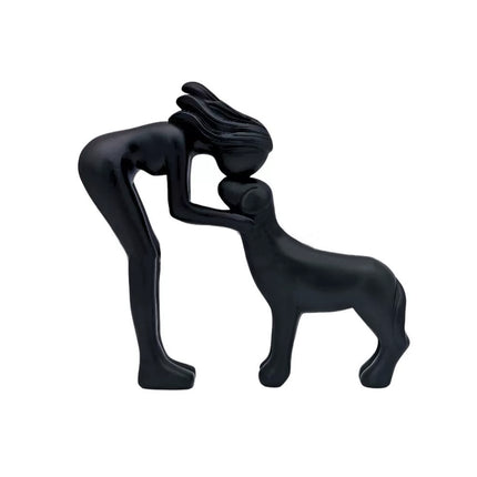 Black Minimalist Human & Dog Statue - Hand-Like Pose Pet Lover Gift