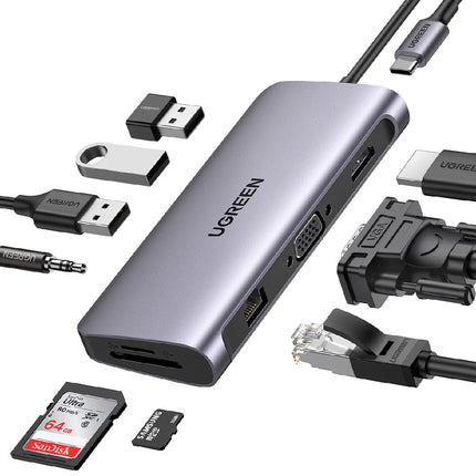 10-in-1 USB-C Hub 3xUSB-A HDMI VGA RJ45 SD/TF AUX PD Converter