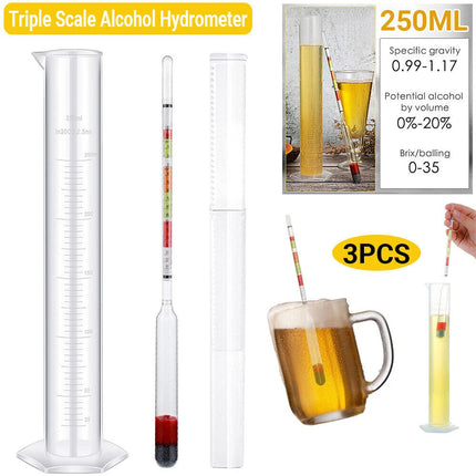 Triple Scale Alcohol Hydrometer & Test Jar for Home Brew Wine