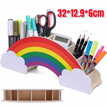 Rainbow Wooden Pen Holder DIY Pencil Case Desk Organizer for Phone Storage