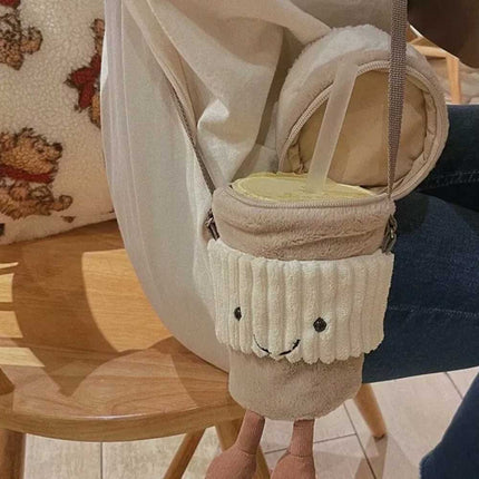 New Coffee-To-Go Bag Beige | Plush Travel Cup, Soft Carry Tote for Fun Gift