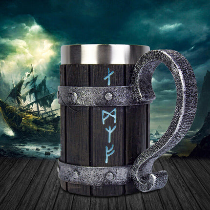 Viking Stainless Steel Tankard Odin Thor Mjolnir Beer Stein & Coffee Cup