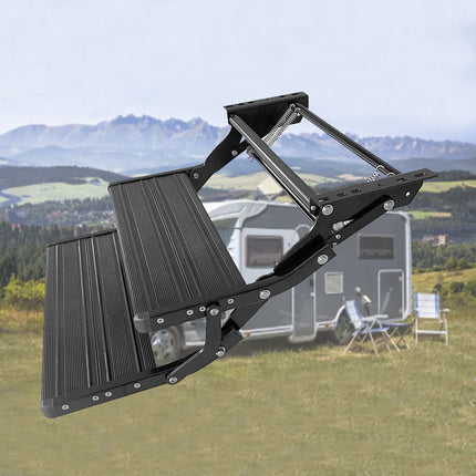 RV Step with LED Light - Automatic Sensor, Retractable Aluminum Stairs, Anti-Slip for Caravan, Camper, Trailer | Black