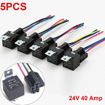 5PCS 24V 40A 4-Pin SPDT Automotive Relay Kit with Wiring Harness Sockets