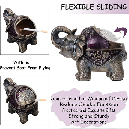 Elephant Metal Ashtray with Lid Windproof for Indoor & Outdoor Use
