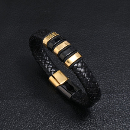 Men’s Magnetic Braided Leather Rope Bracelet, Wrap Bangle, Black 22 cm