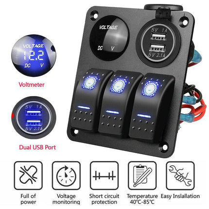 Waterproof 3-Gang 12V/24V Switch Panel with USB Charger for Car, Boat, and RV