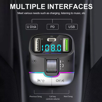 Car Bluetooth 5.3 FM Transmitter: 30W PD+QC 3.0 Fast Charger, Wireless Audio, Hands-Free Call, LED Display
