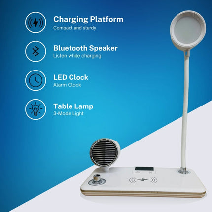 Wireless Charger LED Desk Lamp, 4 in 1 with Bluetooth Speaker, Alarm Clock & Charging Port