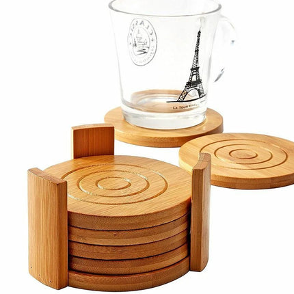 Set of 6 Natural Bamboo Drink Coasters Round Tea Coffee Cup Mats