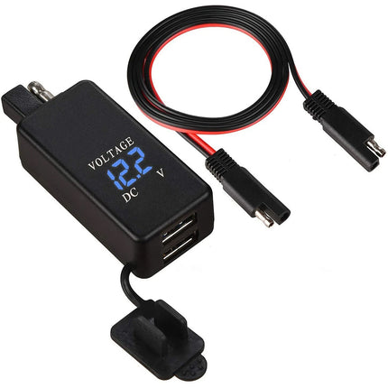 Waterproof SAE to Dual USB Charger Adapter with Voltmeter for 12V Motorcycle