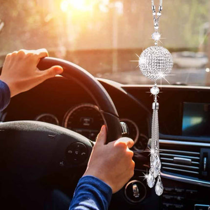 White Crystal Disco Ball Prism Charm - Car Rear View Mirror Decor with Glimmering Light Effects, Good Luck Gift