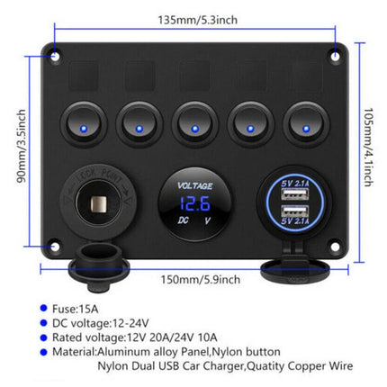 5-Gang 12V Switch Panel with LED Lights, Voltmeter & USB Charger for Campervan and RV