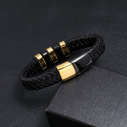 Men’s Magnetic Braided Leather Rope Bracelet, Wrap Bangle, Black 22 cm
