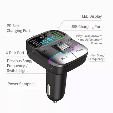 Car Bluetooth 5.3 FM Transmitter: 30W PD+QC 3.0 Fast Charger, Wireless Audio, Hands-Free Call, LED Display