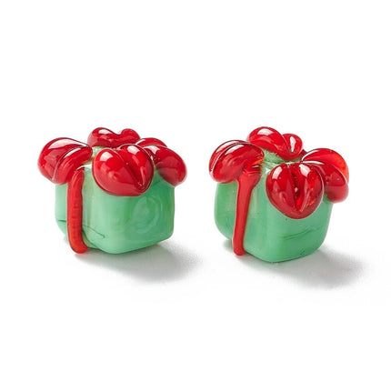 10Pcs Christmas Green Gift Box Glass Beads for Jewelry Making