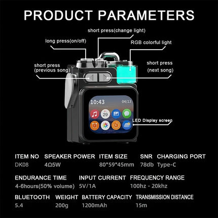 Outdoor Mini Bluetooth Speaker with Alarm Clock & RGB Ambient Lamp Display