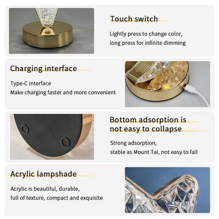 Star LED Crystal Table Lamp USB Rechargeable Touch Dimmable Night Light