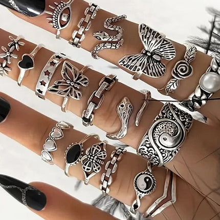 21Pcs Retro Bohemian Geometric Inlaid Stacked Ring Set for Women Gift
