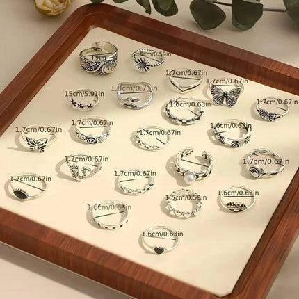 21Pcs Retro Bohemian Geometric Inlaid Stacked Ring Set for Women Gift