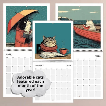 Cats Chillin' with Books 2026 Wall Calendar – Cat-Themed Illustrated Planner