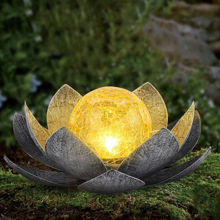 Solar Crackle Glass Lotus Flower Light – Silver Damasque Ball 28cm