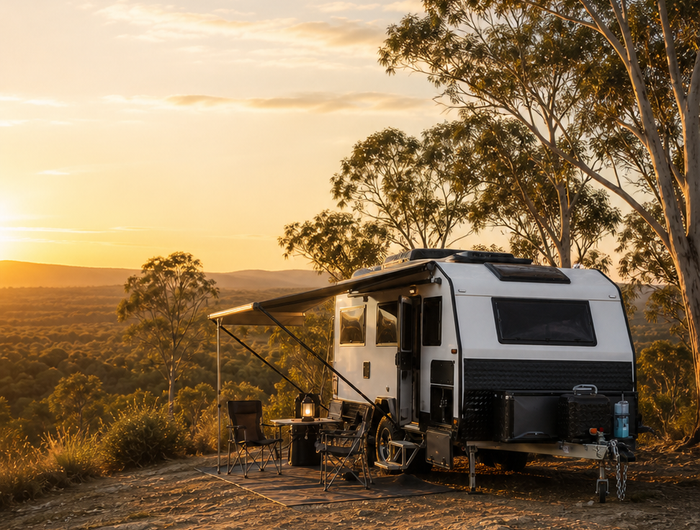 Modern off-road caravan at an Australian bush campsite, mobile portrait layout